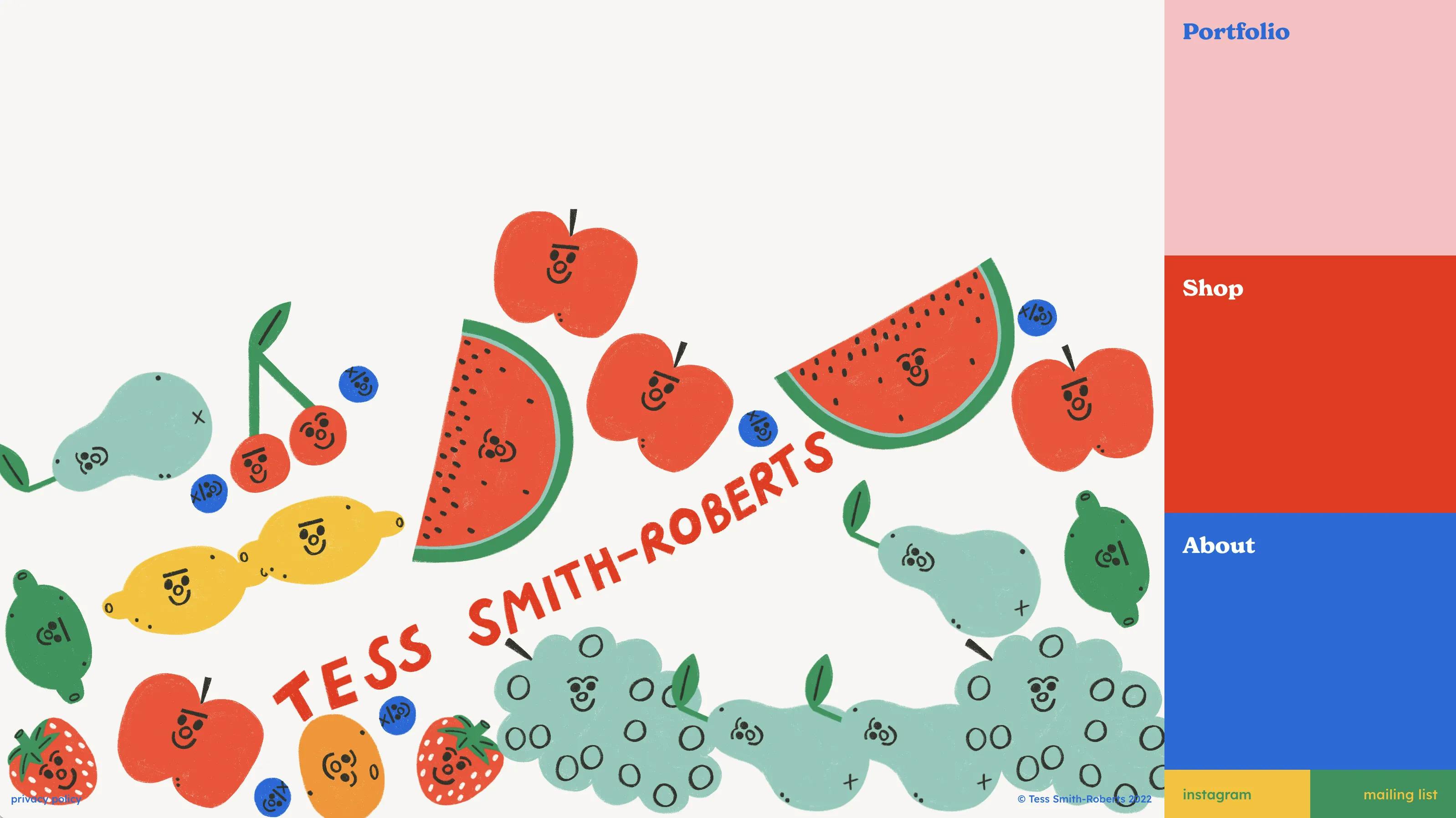A landing page with colourful falling fruit and a navbar with 3 block colours