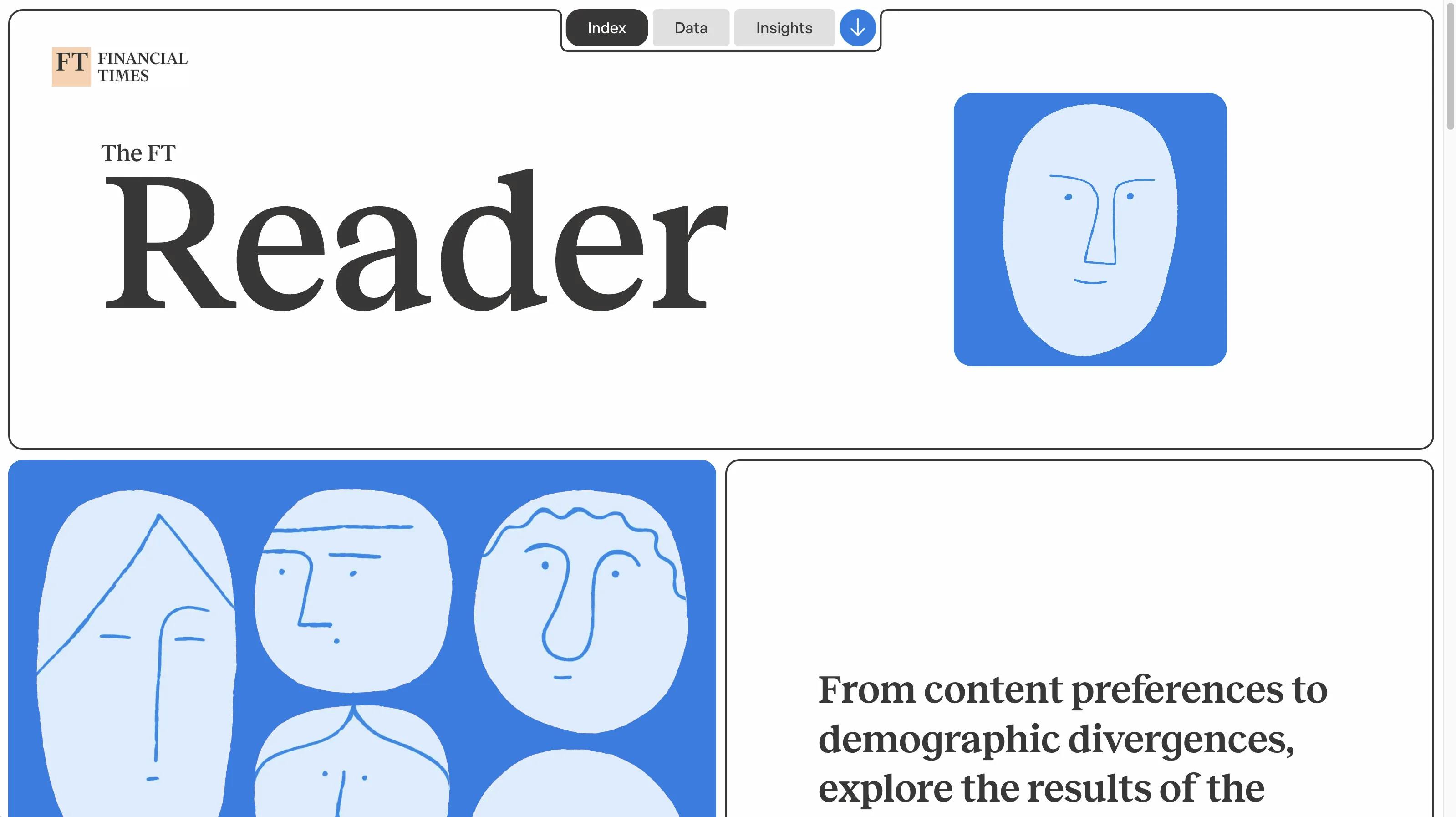 A landing page with a gridded layout, blue illustrations and text inside the grid blocks