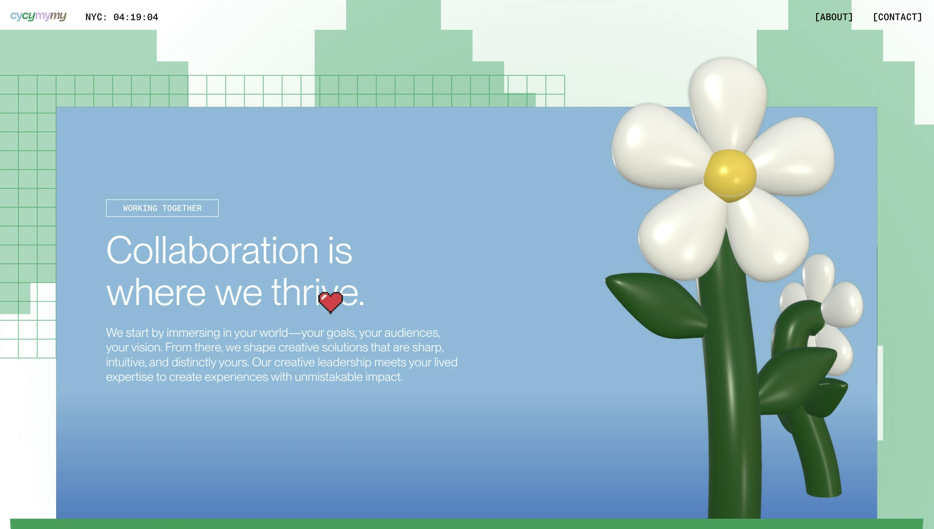 A website frame with a series of cards and a 3D flower with text