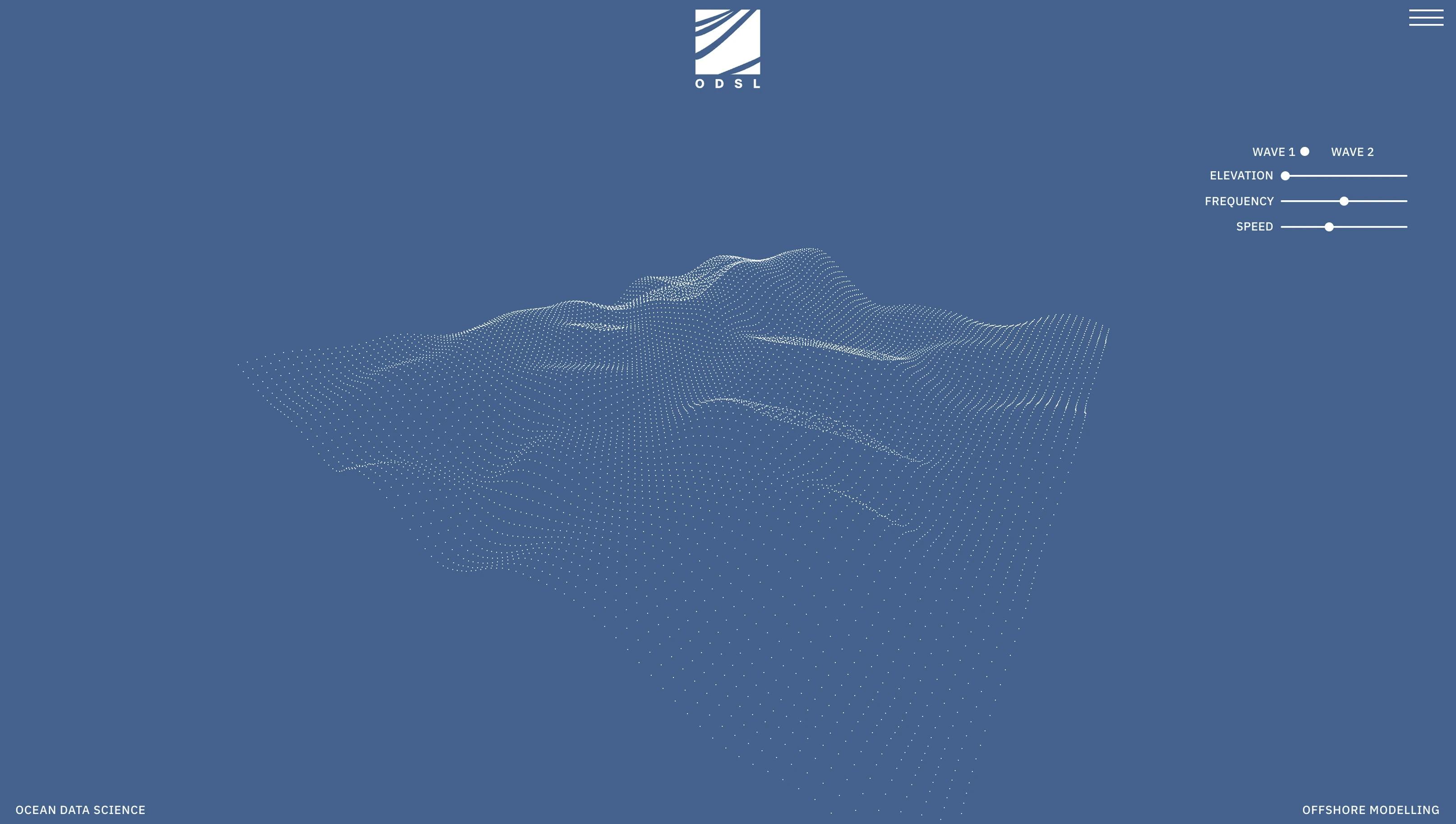 A landing page with a blue background a white dotted wave simulation