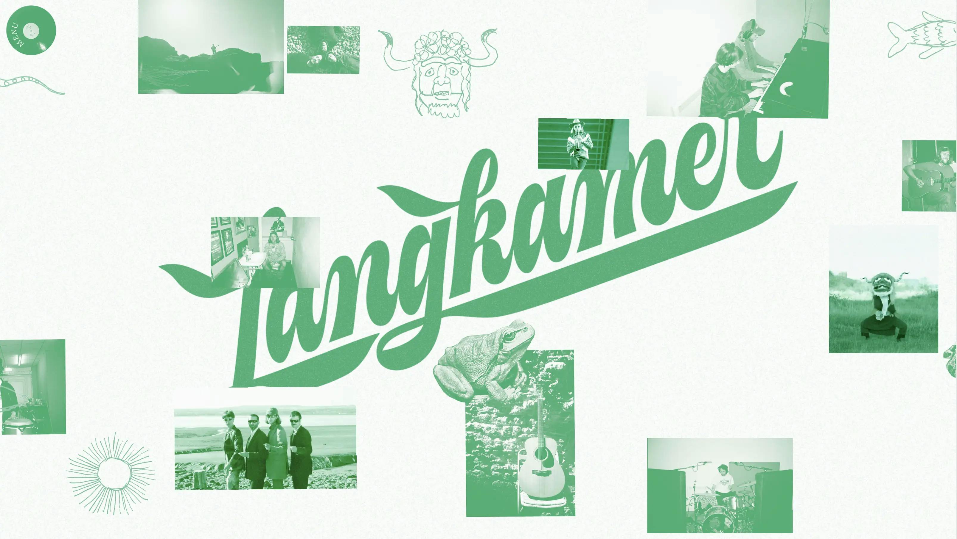 A landing page with a collage of green images and a large central logo