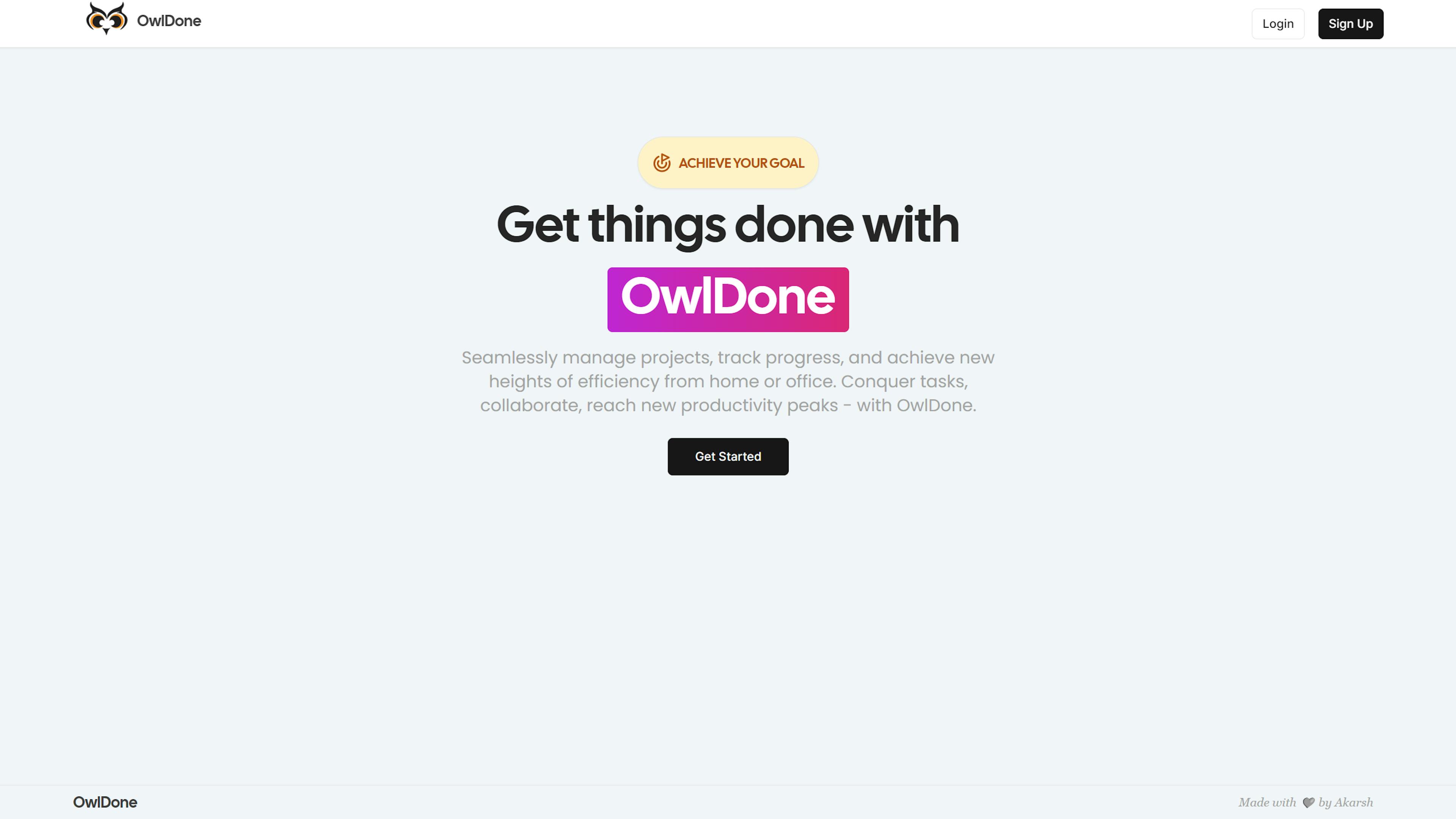 Project Owldone landing page.