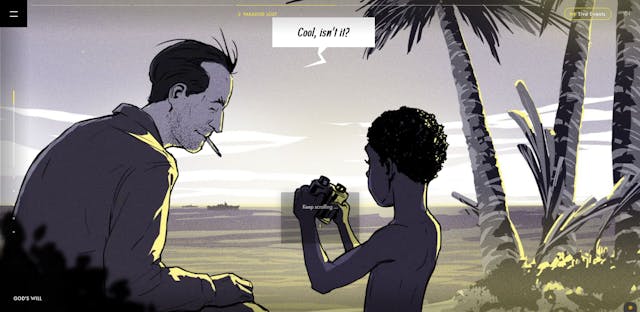 A key comic image of the website "Nuclear Stories" showing a young boy from the bikini islands holding a binocular and a smoking U.S. man.