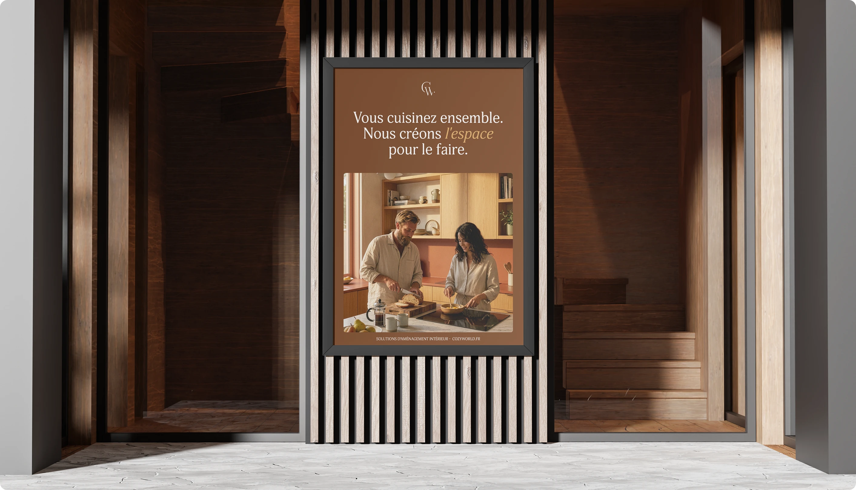 Affiche de la marque d'aménagement intérieur Cozy World avec un message personnalisé