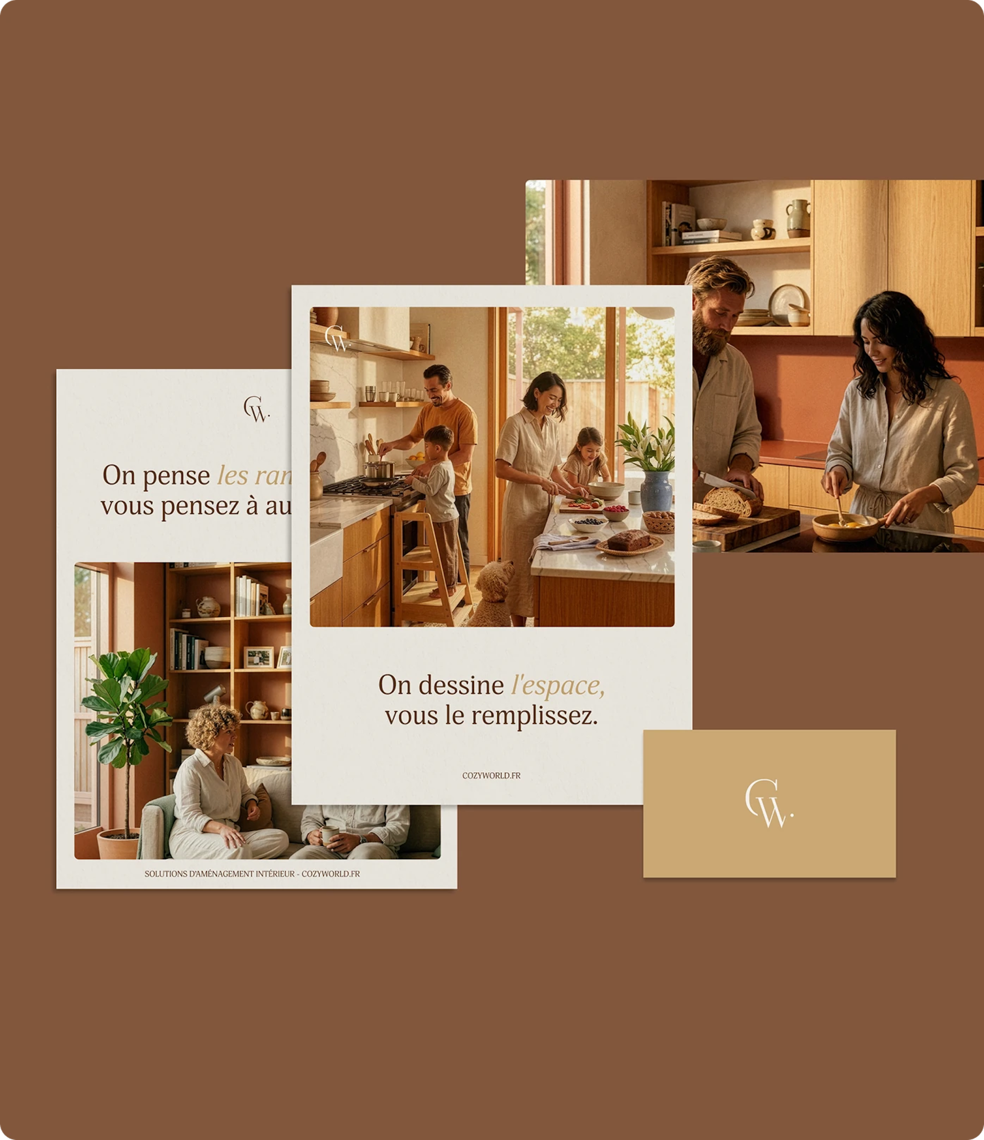 Visuel présentant différents visuels de la marque d'aménagement d'intérieur Cozy World.