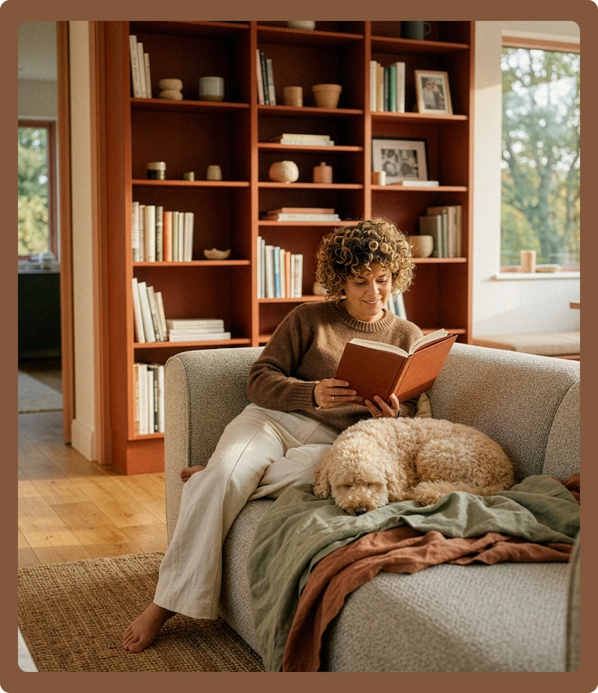 Photo d'une femme qui lit un livre dans son canapé.