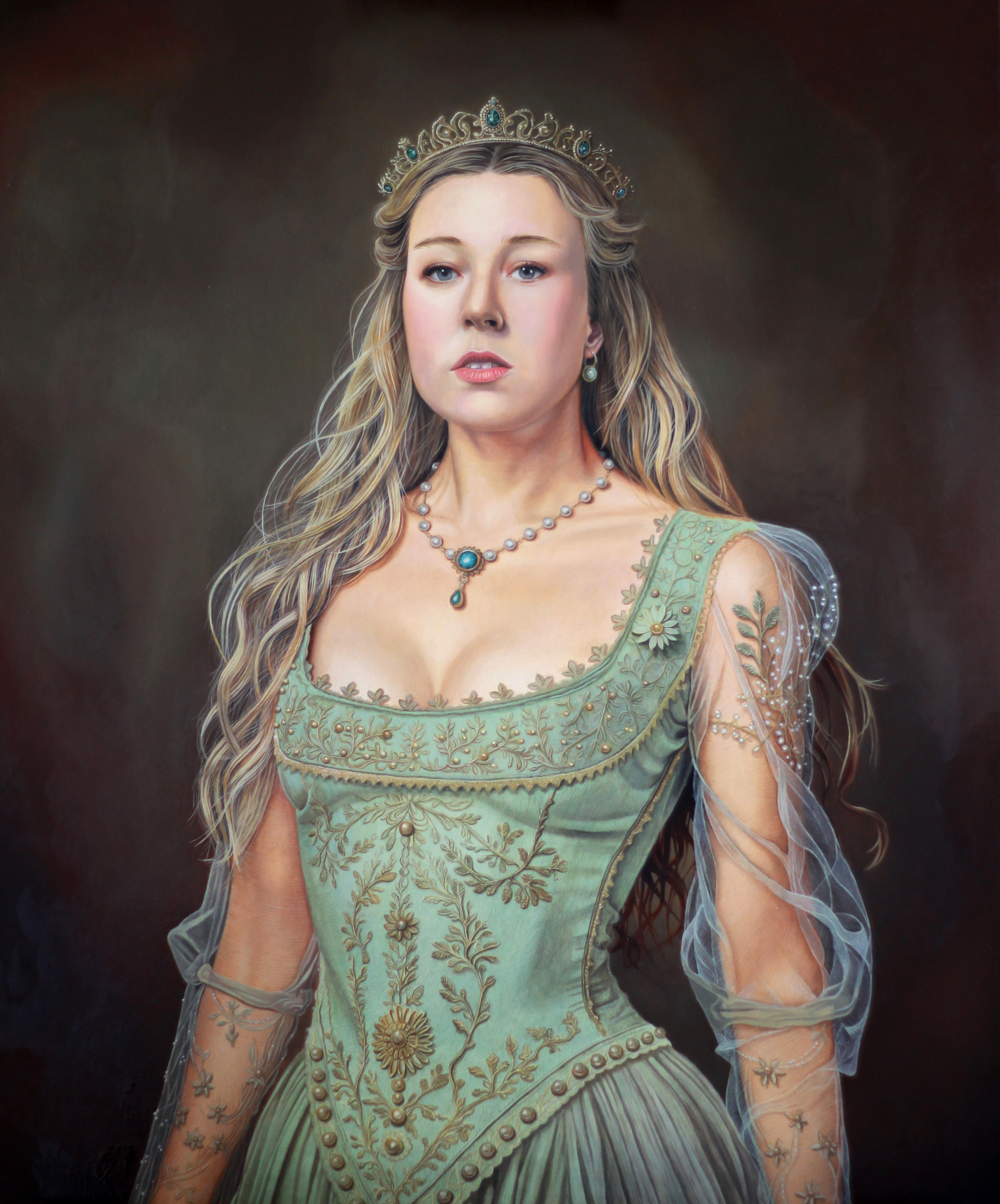 Peinture à l'huile représentant une princesse dans une robe vert d'eau