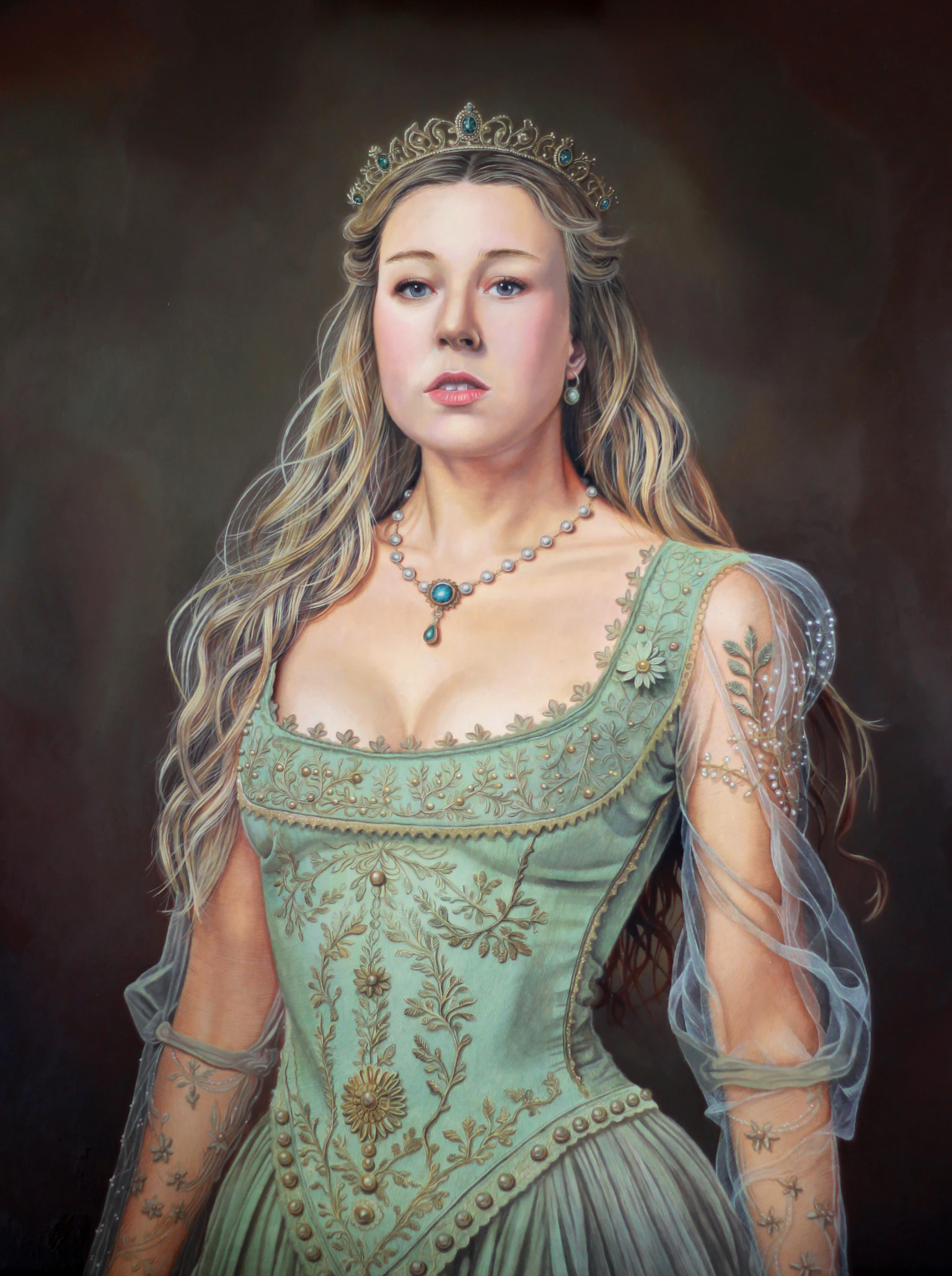 Peinture à l'huile représentant une princesse dans une robe vert d'eau