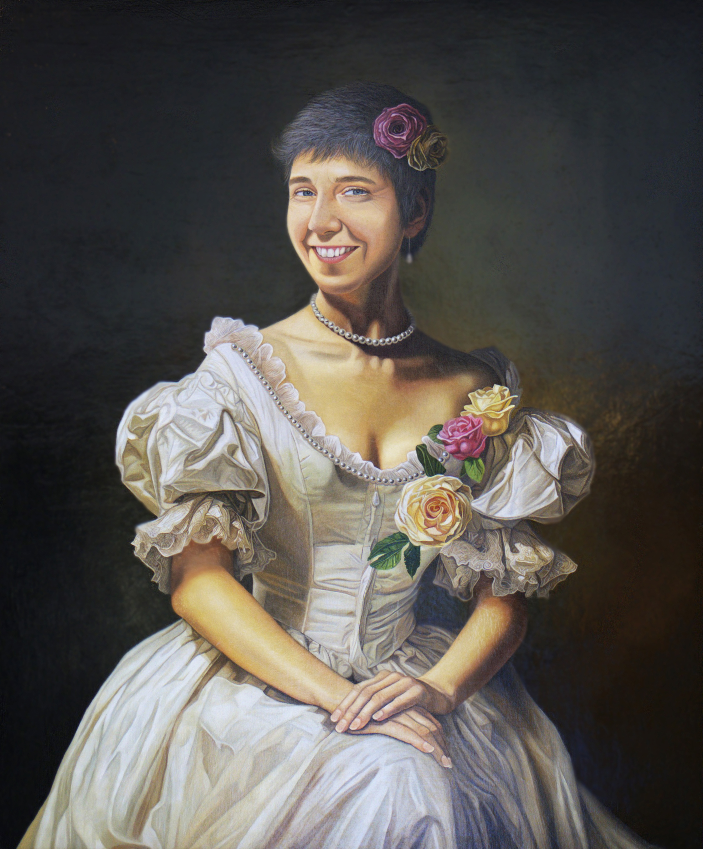 Portrait baroque d'une femme dans une robe blanche avec des fleurs dans les cheveux et sur sa robe