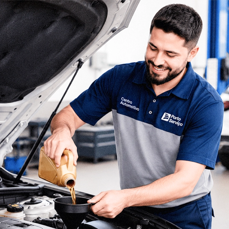 A imagem mostra um homem em pé, com cabelo e barba curtos, usando uma camiseta com as logotipos do Centro Automotivo e Porto Serviço realizando a troca de óleo de um veículo com capô aberto.