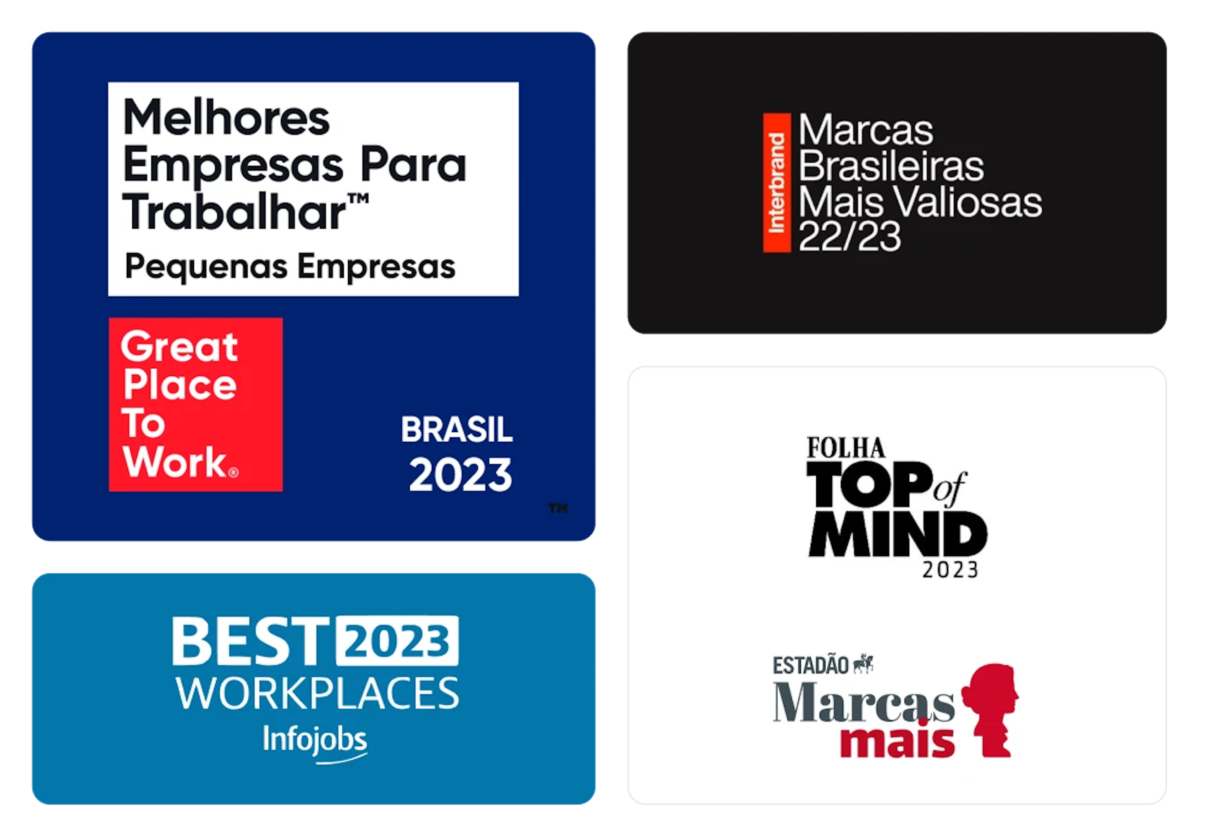 Imagens diversas de premios Porto, Melhores empresas pra se trabalhar, Marcas Brasileiras mais valiosas, TOP Mind, Best Workplaces, e Estadão marcas mais