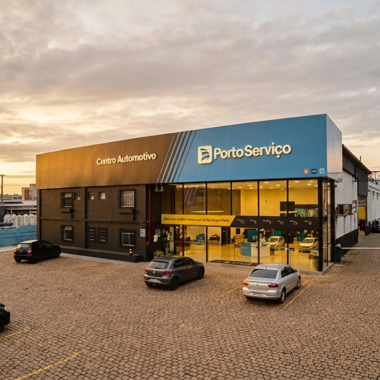 Fachada moderna de um Centro Automotivo Porto Serviço com letreiro azul e preto, grandes vitrais iluminados e estacionamento frontal ao entardecer.