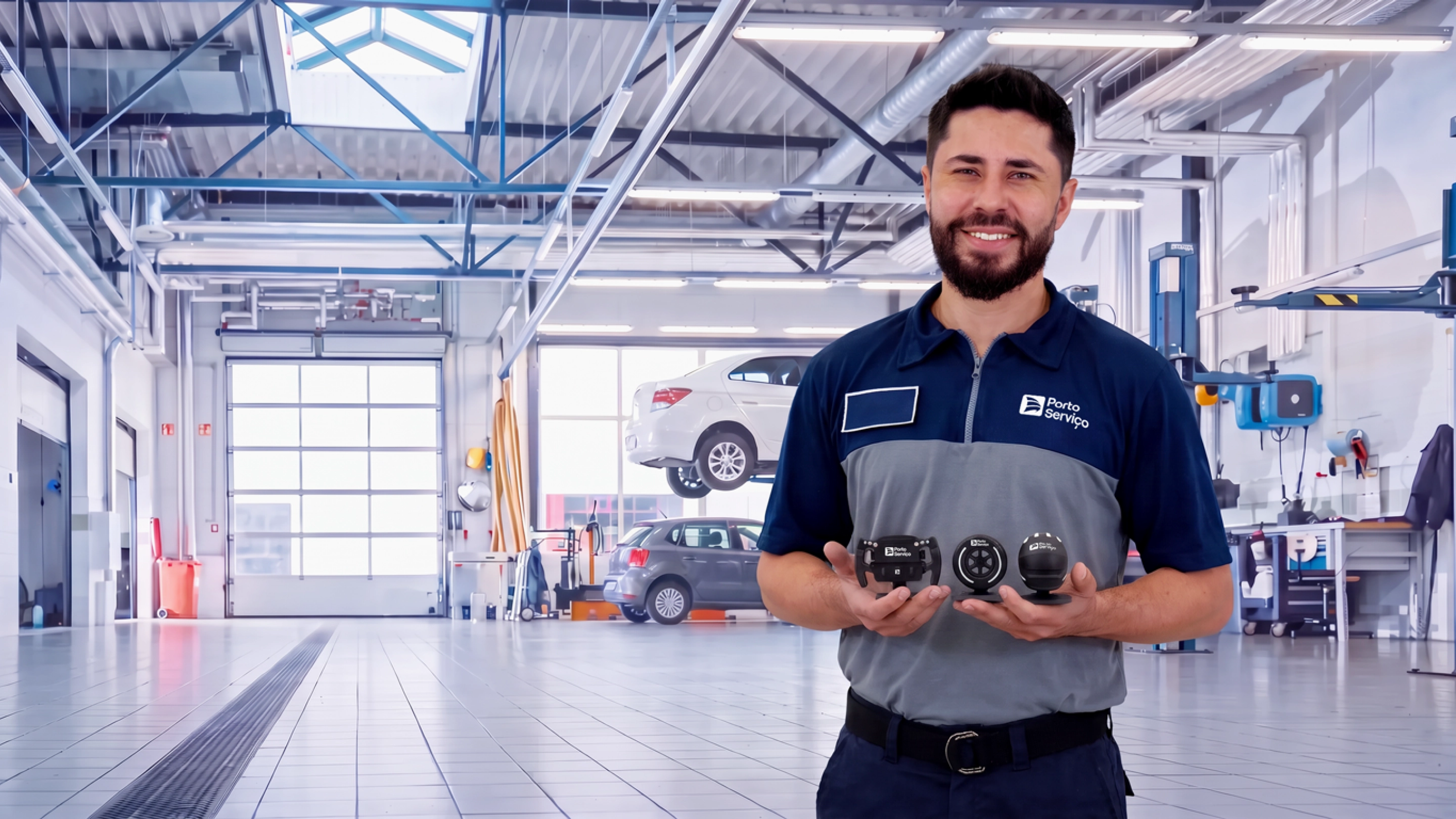 Mecânico sorridente vestindo uniforme da Porto Serviço segura três miniaturas automotivas nas mãos no centro de uma oficina mecânica ampla e iluminada.