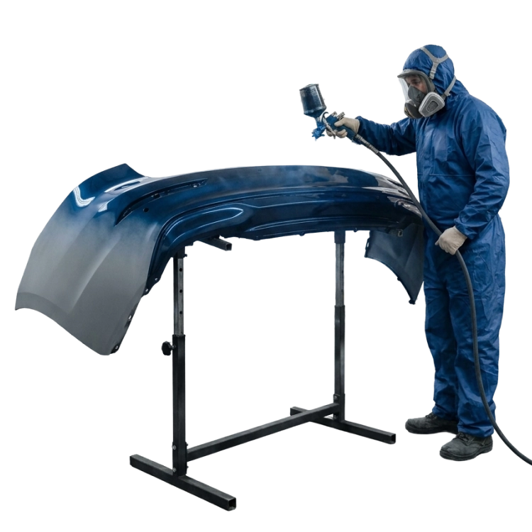 Profissional de macacão azul e máscara respiratória aplicando tinta em um para-choque automotivo azul.