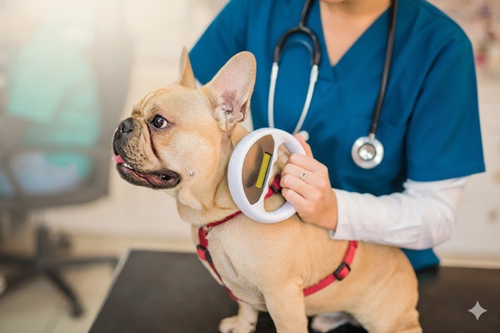 Veterinária usando um leitor de microchip para identificar um buldogue francês em uma clínica.