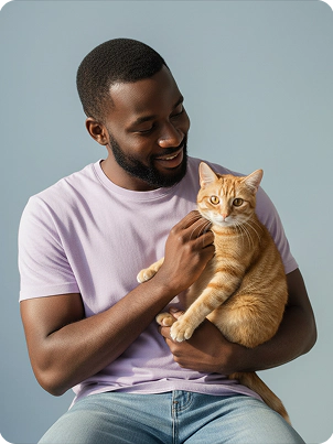 homem negro com gato bege