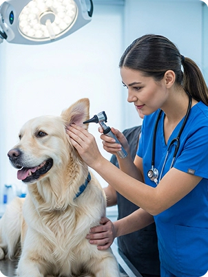 mulher veterinária com o cachorro