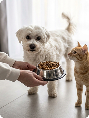 cachorro e gato na hora de comer ração