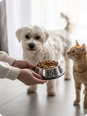 cachorro e gato na hora de comer ração