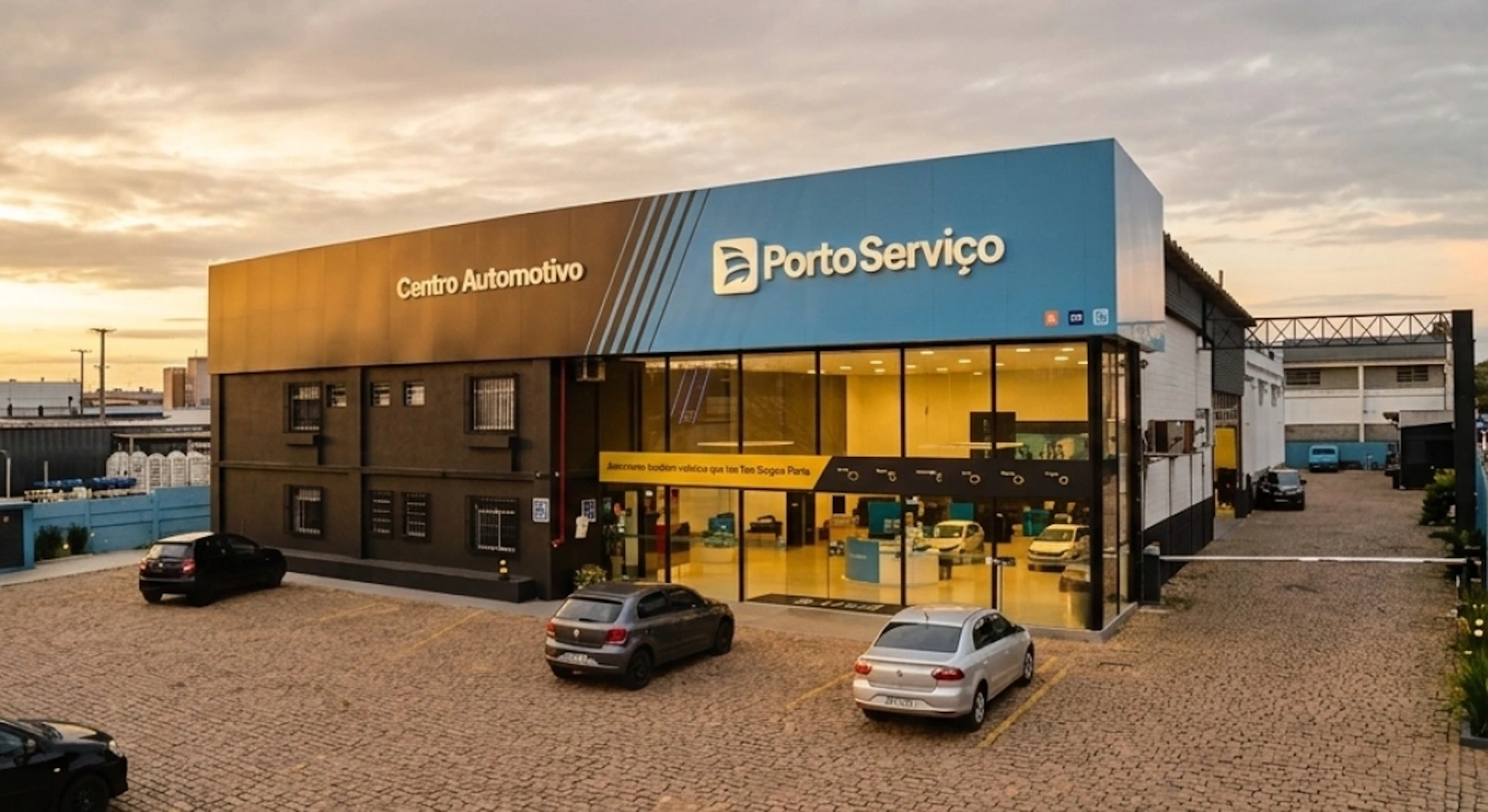 Fachada moderna de um Centro Automotivo Porto Serviço com letreiro azul e preto, grandes vitrais iluminados e estacionamento frontal ao entardecer.