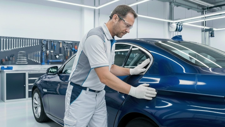 Especialista realiza reparo de funilaria na lateral traseira esquerda de um carro azul, em uma oficina limpa e organizada.