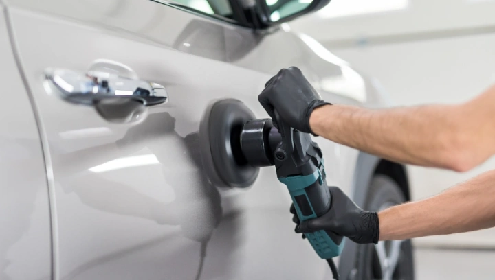 Close-up de mãos com luvas pretas usando uma politriz roto-orbital elétrica para polir a lateral de um carro prata brilhante.