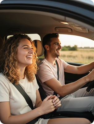 casal feliz sentado em um carro viajando