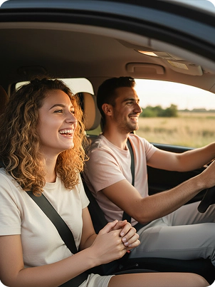 casal feliz sentado em um carro viajando
