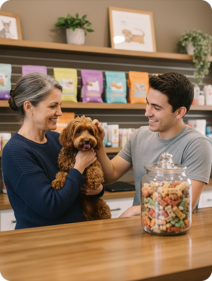 pessoas com um cachorro marrom na mão