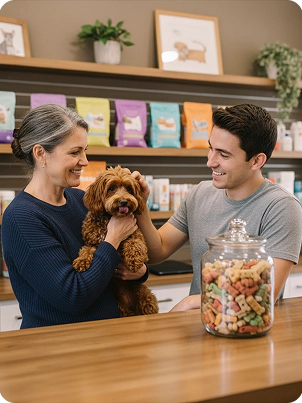 pessoas com um cachorro marrom na mão