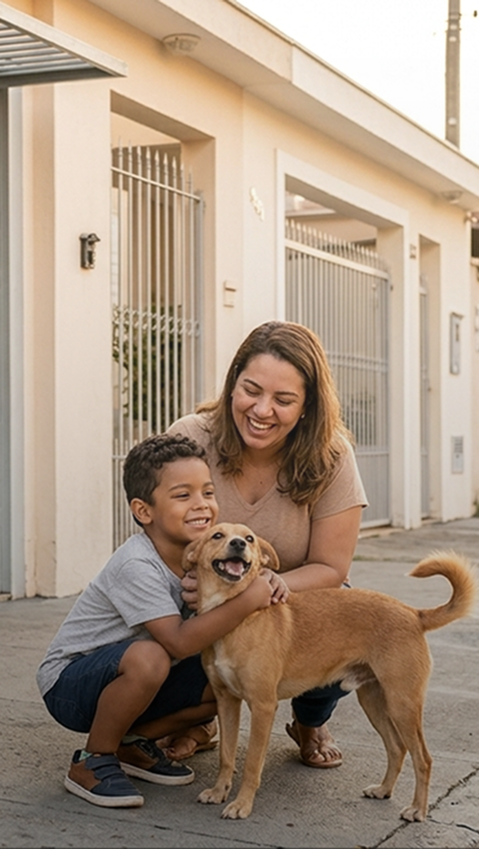 Mulher com cachorro e criança na calçada