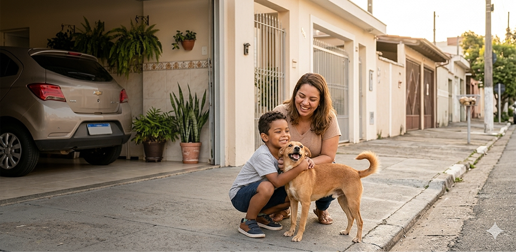 Mulher com cachorro e criança na calçada