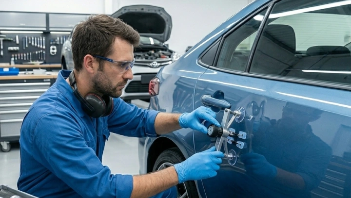 Em uma oficina moderna, um técnico executa o reparo de um amassado na porta de um carro azul.