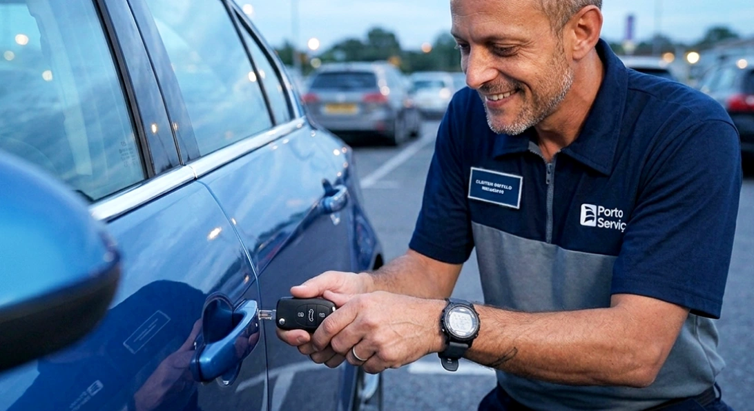 Técnico do Chaveiro Automotivo Porto Serviço sorri enquanto executa a abertura da porta de um carro azul em um estacionamento externo.