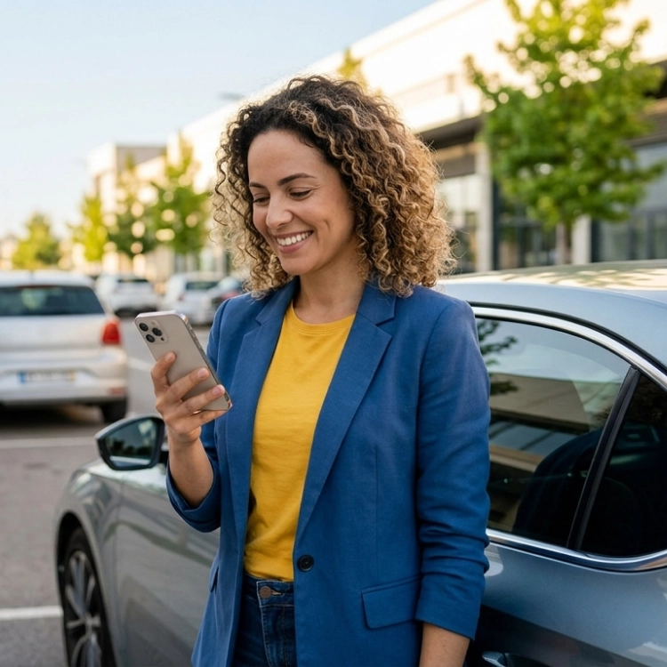Mulher sorridente com cabelos cacheados, vestindo blazer azul e blusa amarela, em pé na calçada ao lado de um carro prata. Ela segura um smartphone e olha para a tela. Há árvores e outros carros estacionados ao fundo.