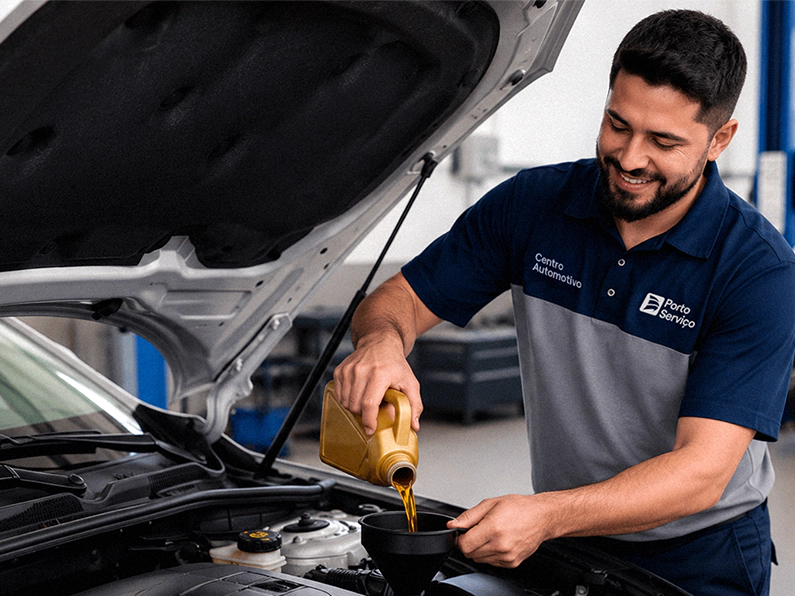 A imagem mostra um homem em pé, com cabelo e barba curtos, usando uma camiseta com as logotipos do Centro Automotivo e Porto Serviço realizando a troca de óleo de um veículo com capô aberto.