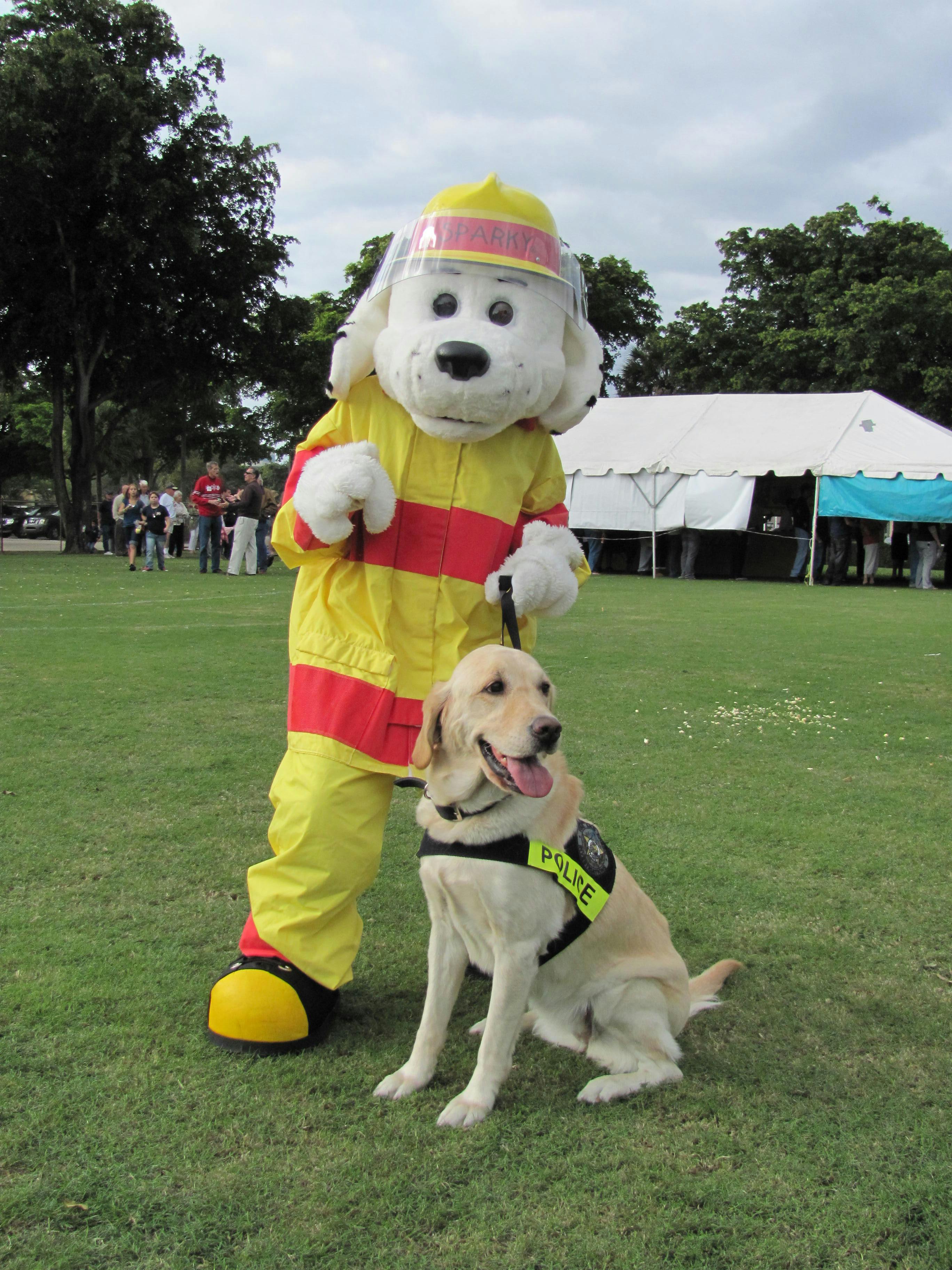lab, Ember, with the fire dog mascot