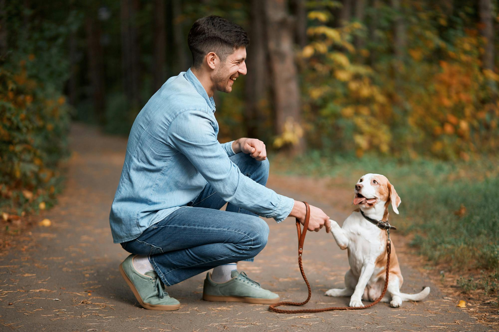 man shaking hands with dog while outside on a walk
