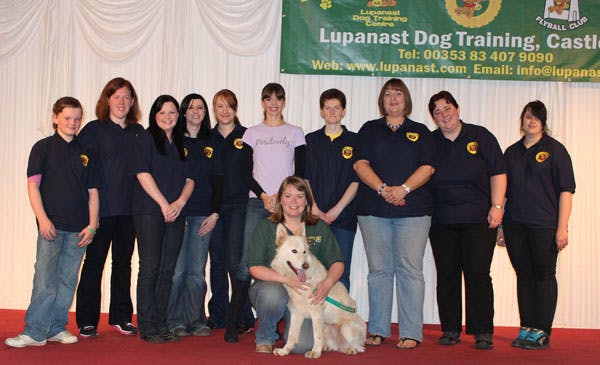 Victoria with Lupanast Dog Training's Canine Agility Club members onstage at her weekend seminar.