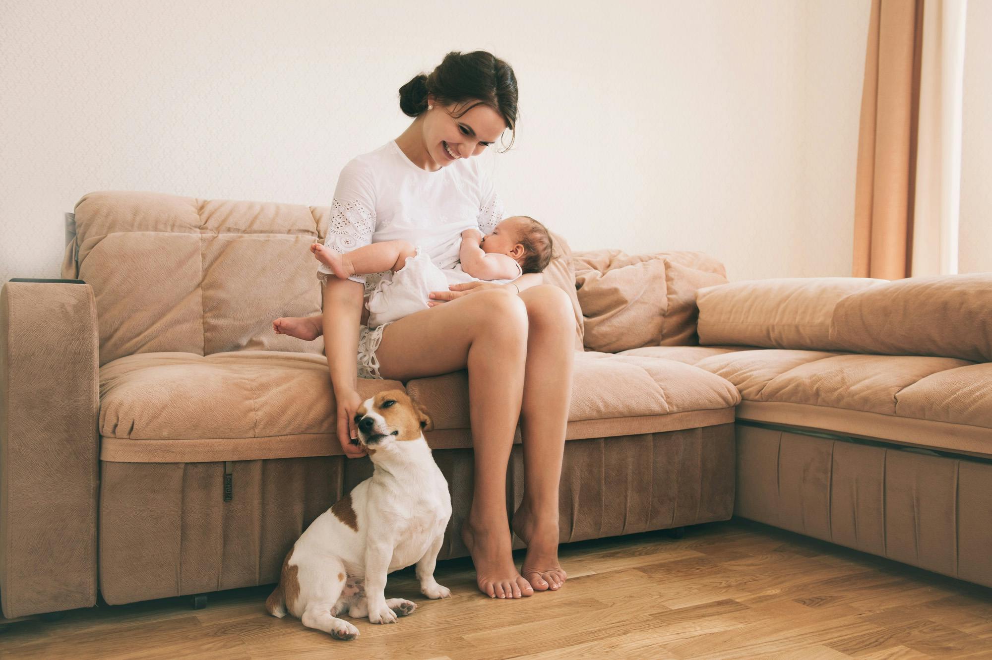 woman holding baby in her lap petting dog that is sitting at safe distance on floor