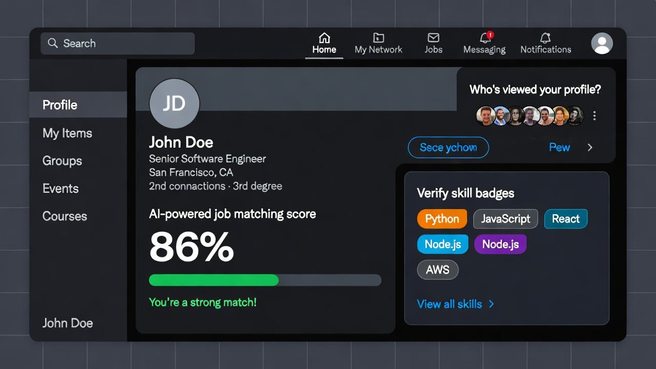 A professional LinkedIn interface showing the 2026 AI-powered job matching score and verified skill badges on a candidate profile.