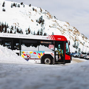 A UTA ski bus in the Powder Mountain parking lot