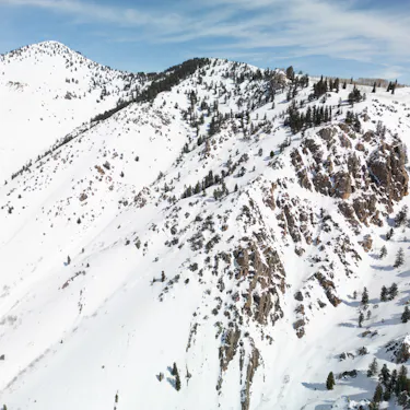 Aerial view of DMI terrain. It is very steep with some trees and rock faces.