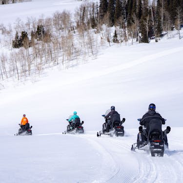 A group of three snowmobile riders follow a guide
