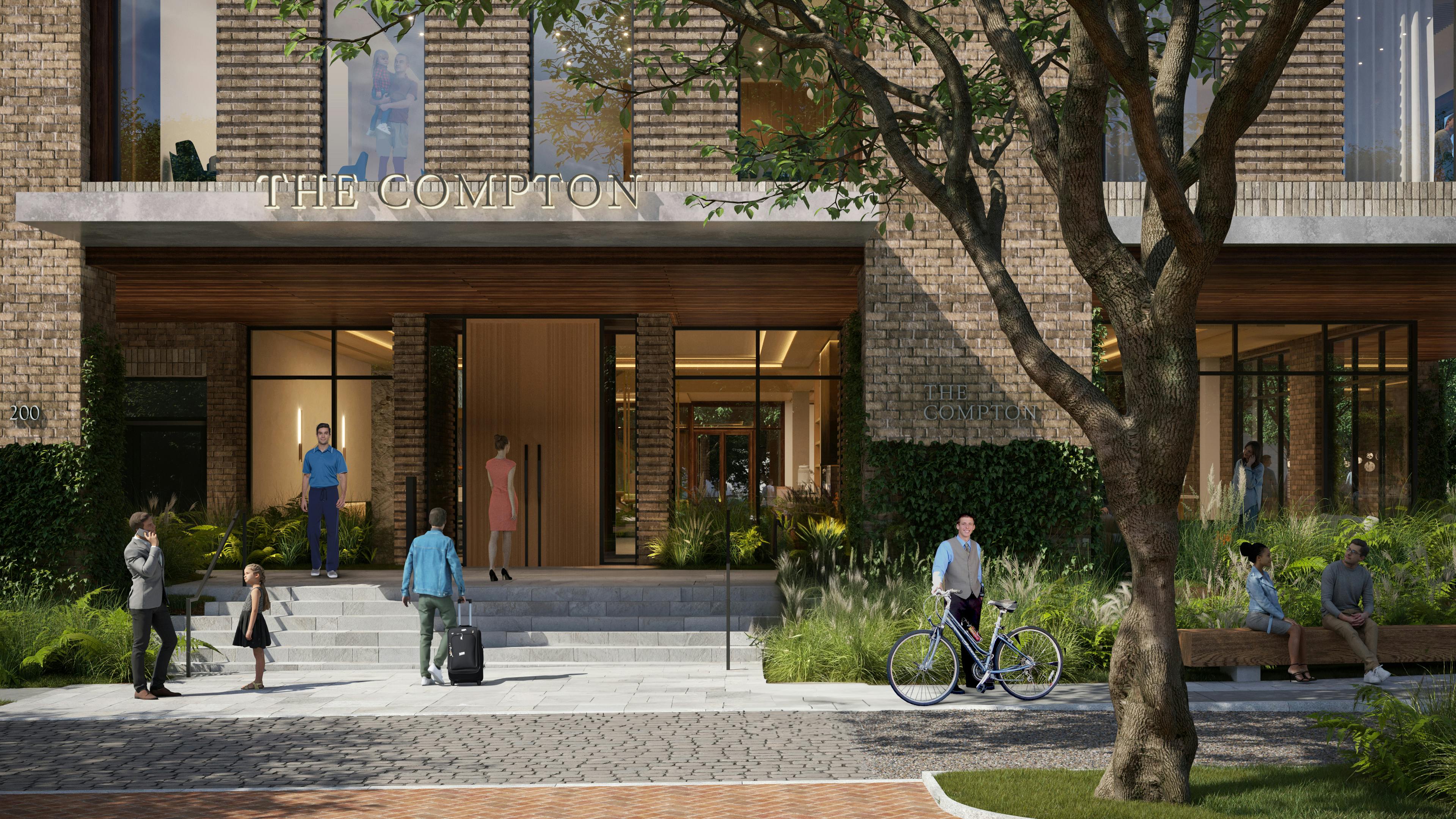 Main entry of The Compton, a new hotel from Practice Hospitality, opening in Bentonville, AR in late 2025.