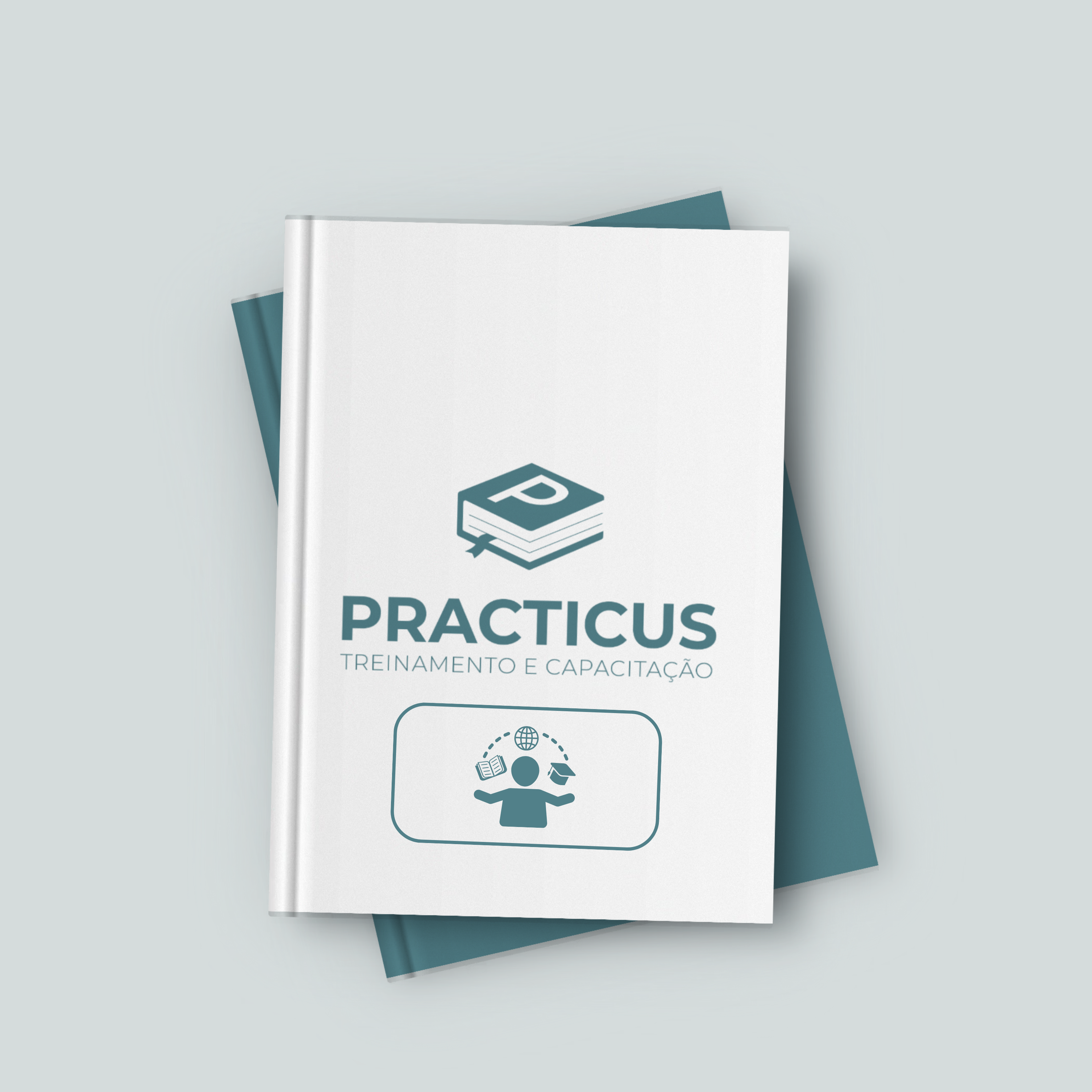 Mockup da Practicus em um livro para indicar os módulos