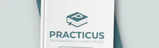 Mockup da Practicus em um livro para indicar os módulos