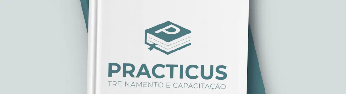 Mockup da Practicus em um livro para indicar os módulos