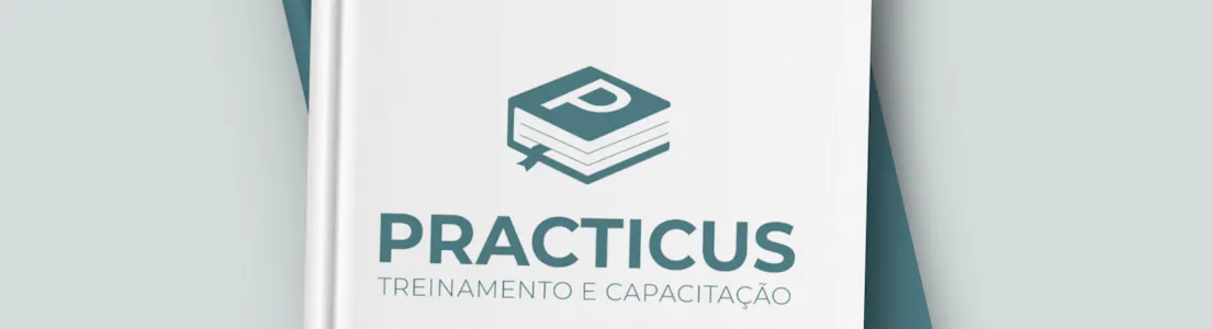 Mockup da Practicus em um livro para indicar os módulos