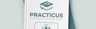 Mockup da Practicus em um livro para indicar os módulos